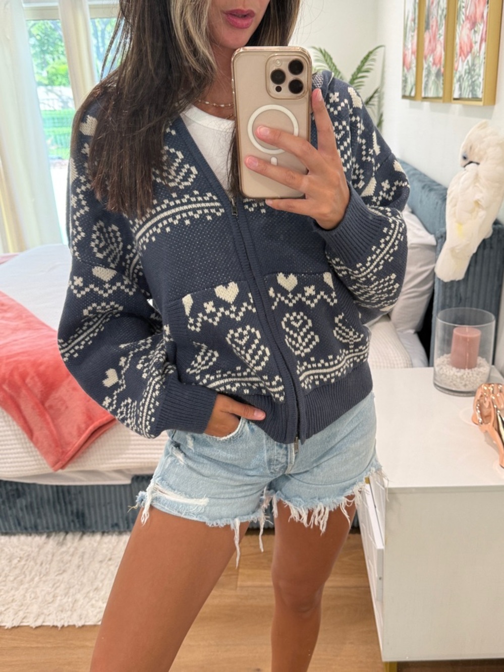 Altar'd State Navy and Cream Fair Isle Zip-Up Cardigan